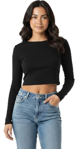 Women’s Long Sleeve Crop Top Round Neck Slim Fit Basic Shirt – Stretchy Casual Cropped Tee for Yoga, Gym, Streetwear & Everyday Wear UK 8-14 Black