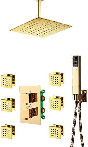 Gold-Thermostat-Duscharmaturen-Set, 3-Wege-Einbau-Gold-Thermostat-Mischbatterie Mit 6 Massagedüsen, Bad-Duschset, 12-Zoll-Komplettset,8 Zoll Komplettset