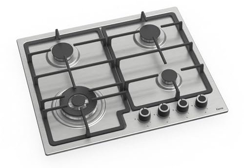 Ferre EL015/W - Piano cottura a gas da incasso 60 cm - Corpo in acciaio inox - Supporti padella in ghisa - Bruciatore wok