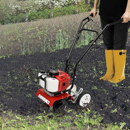 WSIKGHU Benzin Gartenfräse 52CC Motorhacke 1.9 KW (2.5PS) | Bodenbearbeitungsbreite 35CM, Tiefe 3-10CM Einstellbar | 2-Takt-Motor mit Rädern Höhenverstellbarer Handgrubber Gartenhacke