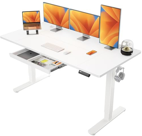 ErGear Eljusterbart Ståbord 160 x 80 cm, Höjjusterbart Skrivbord, Sit-Stå Bord med Lättglidande Låda & 4 Minnes Smart Panel, T-ben Design för Stabilitet, Sammansatt Skiva, Vit Ram & Yta