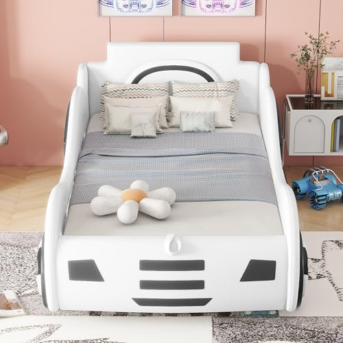 BLUON HOME Flachbett, 90 x 200cm, Bett mit Lattenrost (ohne Matratze), Modell Autobett, Autobett, Kinderbett, Kinderbett mit Unterbettstauraum, Weiß