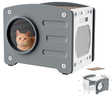 ORHEYA PP Katzenhaus Outdoor Indoor, Katzenhöhle mit Katzenkratzbrett, Katzenbett Höhle Schutzhütte, Isolierte Katzentonne Katzenschrank, Katzenhütte Katzenhäuschen Katzenbett, 55 x 40 x 46 cm,Grau