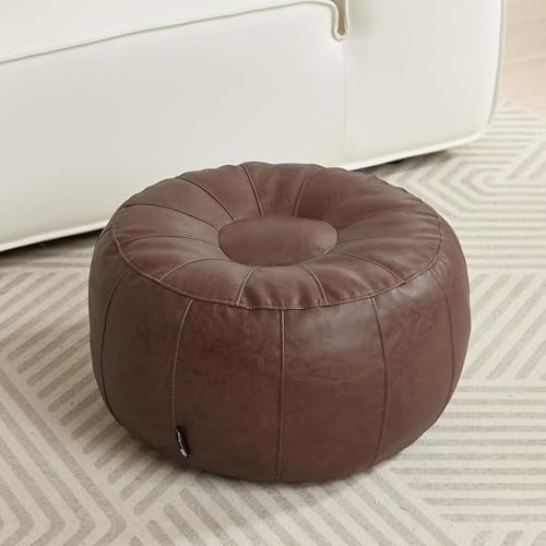 Louis Donné Runde Fußstütze, ungefüllt, dekorativer Ottomanbezug, Kunstleder, Pouf, Aufbewahrung, Fußstützenbezug für Wohnzimmer, Balkon, Büro, Outdoor (nur Bezug) (Braun) (Orange)