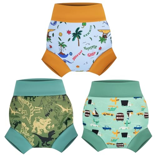 MOEMOE BABY Swim Nappy Reusable Swim Nappies for Toddler,Non Absorbent Swim Diapers Washble Swim Nappy for Boy and Girls,3 Pack,5 Years,Dinosaur+Coconut Grove+Car