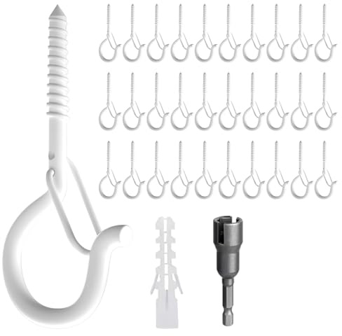 KUKUJIWA 30 Piezas Gancho de Tornillo de Acero Inoxidable con Hebilla de Seguridad, Ganchos de Techo y Pared para Colgar Plantas, Luces, Decoraciones Navideñas y Cestas Colgantes (Blanco)