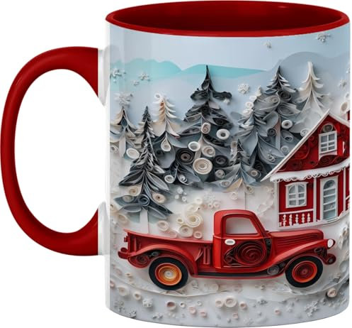 Tazas De Té Cabaña Navideña Con Camión Rojo Antiguo Y Árbol Nevado, Porcelana Taza De Cerámica Novedad Tazas Para Café Y Té Cumpleaños Desayuno 330Ml