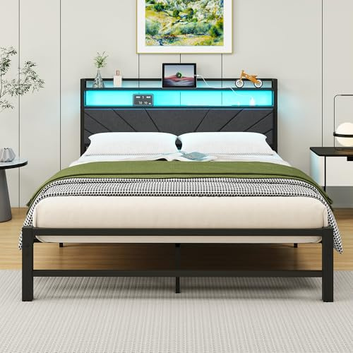 ARFARLY Bett 140x200 mit Lattenrost aus Metall,Bettgestell 140x200cm mit LED Beleuchtung Metallbett 140x200 mit Kopfteil & Ladestation(2 AC-Steckdosen& 1 USB-Anschlüsse) Jugendbett Doppelbett,Grau