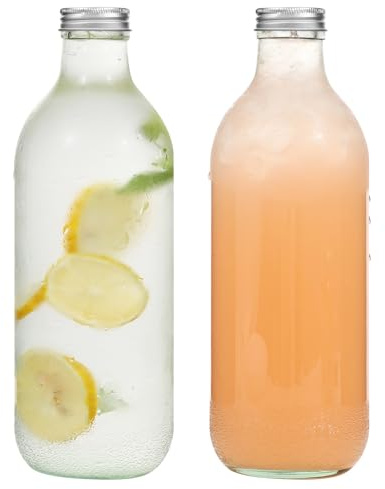 LIMILI Glass Bottles with Lids, 2 Pack 1000ml Reusable Clear Juice Bottles for Milk, Hot Cold Drinks, Homemade Beverages, Perfect for Home Party, Outdoor Picnic