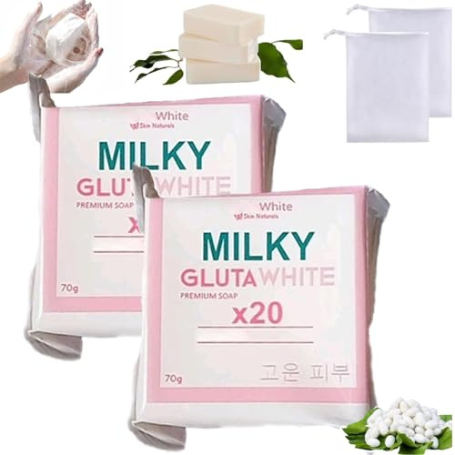 Savon blanc au glutamate lacté x20, Savon blanc au glutamate lacté, Savons Glutamilk Whitening, Pains de savonpremium au gluta mate pour le visage et le corps, Nettoie en profondeur (2PCS)