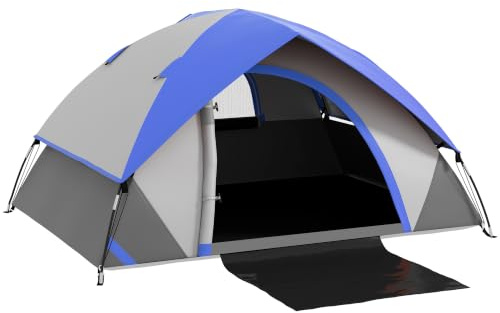 Outsunny Campingzelt, 2 Mann Kuppelzelt, 3000 mm wasserdicht, mit eingenähter Bodenplane, Tragetasche und Haken oben, für Angeln, Wandern, Festival, Grau und Dunkelblau