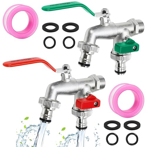 NINGYER 2 Stk Wasserhahn Garten, 1/2 und 3/4 Kugelhähne Doppelwasserhahn, mit 4 Schlauchverbindern 4 Dichtungen 2 Rollen Dichtungsband Garten Wasserhahn für Garten, Waschmaschine