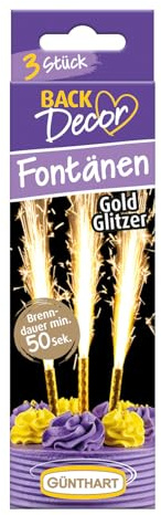 Günthart BackDecor 3 Stück Goldfontänen, Tortenfontänen für Torten Partys mit goldenen Funken ca 50 Sekunden Brenndauer, 1er Set (3 Stück)