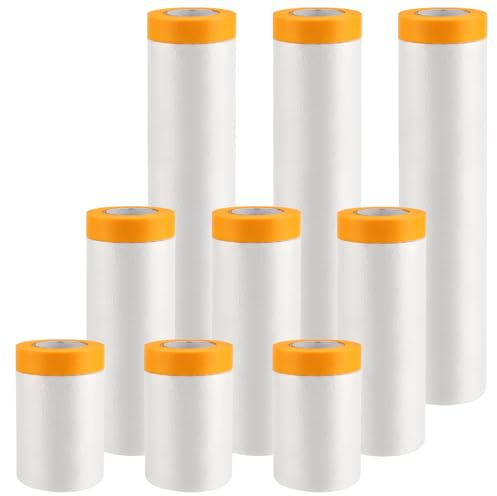 JIEHIN 9 Rollen Abdeckfolie mit Klebeband, Malerfolie Schutzfolie, Abklebeband mit Folie, Maler Abdeckfolie für Autolackierung, Wandrenovierung, Möbelschutz, 300cmx20m/150cmx20m/55cmx20m