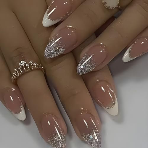 Auiremrti 24 pièces faux ongles French Tip blancs avec designs pailletés, ongles amande moyen, ongles artificiels scintillants, couverture complète