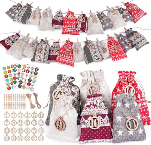ZUSUZU Calendario Adviento para Rellenar Vacio Tela 2025,24 Bolsa de Regalo Navidad,Calendario Adviento Bricolaje,Bolsas de Calendario de Navidad con Etiqueta de Número de Madera para Niño,Mujer