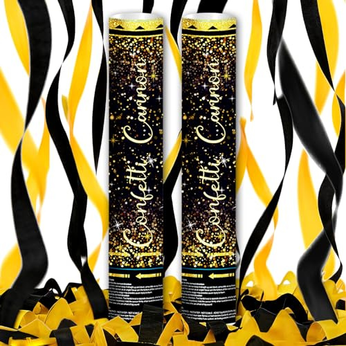 Klyroish Black & Gold Confetti Cannon Set - Biodegradable Confetti Poppers for Birthday Wedding Retirement New Years Graduation Party Celebrations, 2 Pack