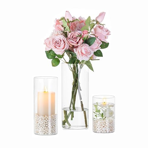 Hewory Glasvase Zylinder Kerzengläser für Tischdeko: 3mm Wandstärke Vasen Set 3er Windlicht Glas für Hochzeitsdeko - Zylindervasen Set Groß Vase Glas Glaszylinder für Deko Wohnzimmer Home Party