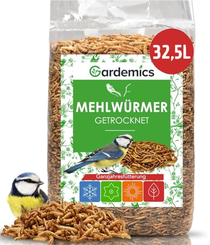 Gardemics Mehlwürmer getrocknet 5 kg, 32,5 Liter Premium Insektenfutter | Für Wildvögel, Fische, Schildkröten, Nager, Igel und Reptilien. Premium-Insektenfutter aus getrockneten Mehlwürmern.