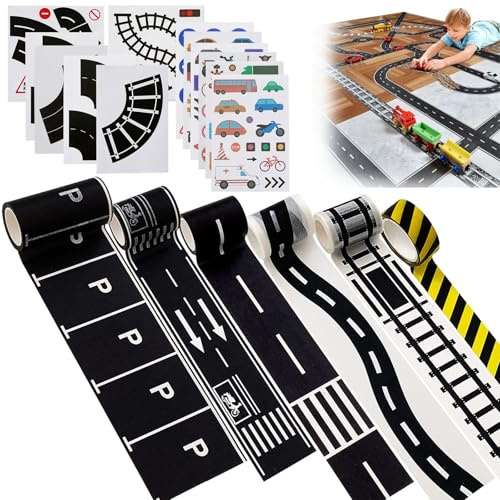 18 Stück Straße Washi Tape Set, Straße Autobahn Eisenbahn Straße Klebeband | Parkklebeband Warnklebeband, Verkehrszeichen Aufkleber, DIY Autobahn Selbstklebend Straßenband Tape