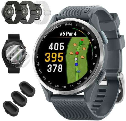 Garmin Approach S44 GPS Golf Smartwatch, Silver Aluminum Bezel w/Twilight Band 010-03009-01 Bundle with Deco Essentials 3X Nylon Elastic Bands, 3X Silicone Dust Cover and 2X Screen Protector
