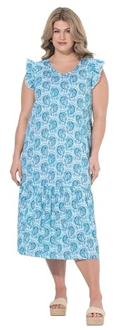 Ulla Popken Maxi Abito in Cotone Biologico con Conchiglie, Scollo a V e Ruche sulle Braccia Blue Jeans 58+ 849746721-58+
