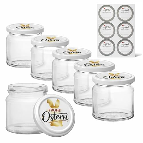 GASSERO Einmachgläser 210 ml – 24er Set Ostermotiv Goldener Hase mit TO66 Schraubdeckeln & Beschriftungsetiketten – ideal für Ostermarmelade, Osternest im Glas & stilvolle Gastgeschenke