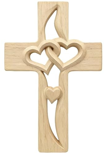 Generisch Handgeschnitztes, herzförmiges Holzkreuz, handgeschnitztes, herzförmiges Holzkreuz, handgeschnitztes, hängendes Hochzeitskreuz zur Wanddekoration