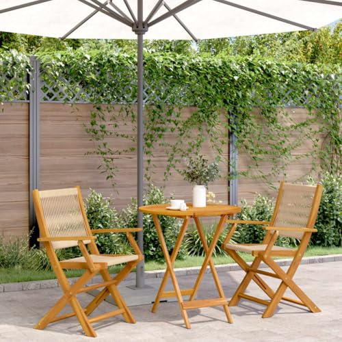 YunCangg 3-delat bistro-set beige med polypropen och massivt akaciaträ, vikbart, väderbeständigt, utrymmesbesparande för terrass balkong trädgård, robust matgrupp för utomhus och veranda