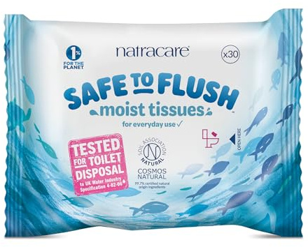 Natracare Safe to Flush moist tissues | 30 Wipe Pack | Plastic Free | Certified Flushable | Pack of 2
