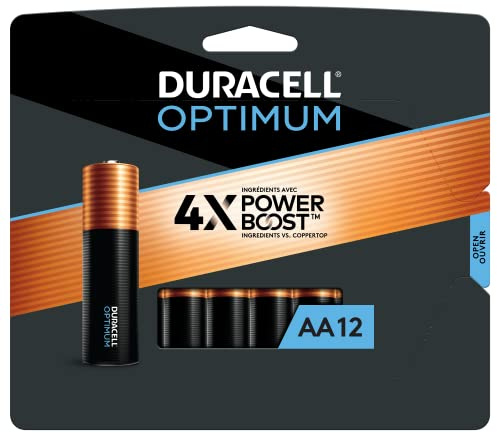Duracell Optimum AA Batteries with 4x Power Boost Ingredients, 12 Count (Pack of 1), Double A Battery with Long-Lasting Power, Alkaline AA Battery for Household and office devices