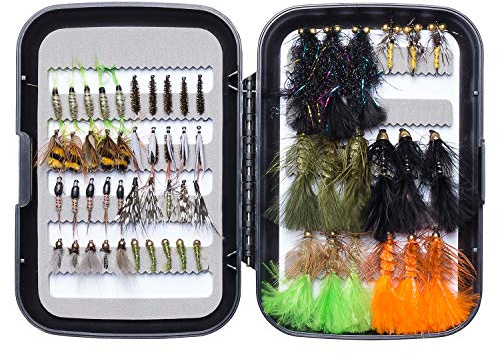 Bassdash Fliegenfischen Fliegen Set Forellenbarschangeln mit Fliegenbox, 36/64/72/76/80 / 96Stk. Mit Trockenfliegen/Nassfliegen, Nymphen, Streamers, Popper
