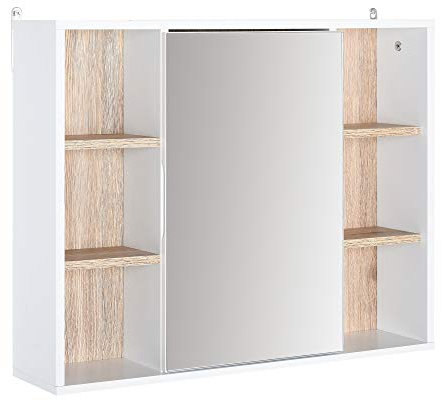 HOMCOM Armoire Murale, Meuble Salle de Bain avec Miroir, Miroir Salle de Bain avec Rangement, Placard à Portes et 6 Compartiments Ouverts, 60 x 14,5 x 49,4 cm, Blanc