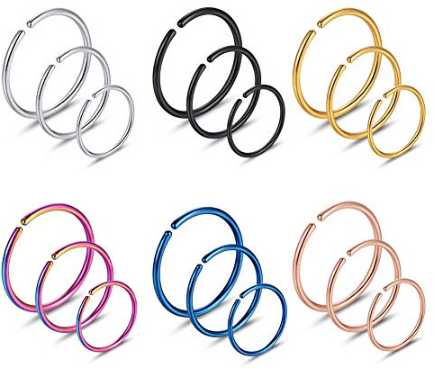 Xanowan Stainless Steel Hoop Nose Ring Cartilage Ring Set 6 Color Set for Men and Women
