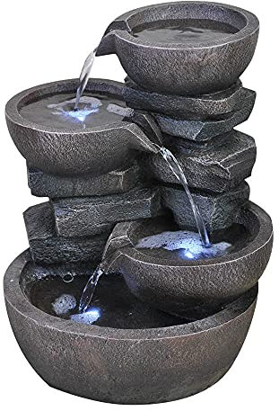 allpondsolutions Four-Tier Cascading Bowl Water Feature with LED Lights | Cascade Garden Water Feature, Outdoor, Self Contained - 37 x 31 x 47.5cm