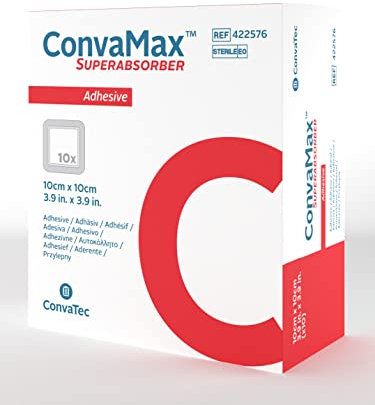 ConvaMax - Apósito adhesivo superabsorbente de 4 x 4 pulgadas, suave y absorbente con núcleo de alta retención de líquidos, 422576, caja de 10