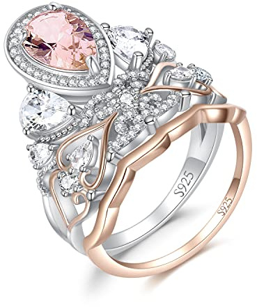 JewelryPalace 2.5ct Vintage Halo Anello Corona Argento con Creato Morganite Zaffiro Rosa, Cuore Anelli Impilabili con Pietra a Pera, Fede Oro Rosa Anello Fidanzamento Set Gioielli