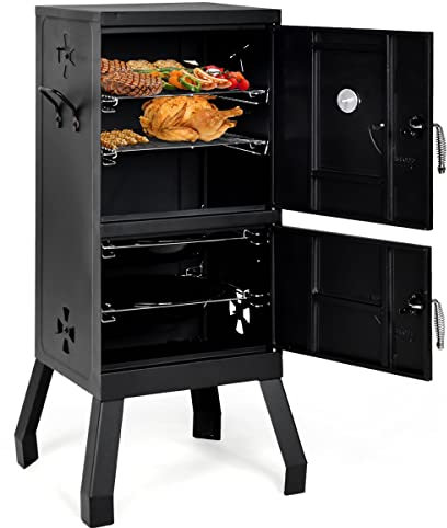 COSTWAY Charcoal BBQ Grill, Barbecue Smoker Grill with Thermometer, 2 Doors, Chrome-plated Nets and Charcoal Pots, Vertical Outdoor Roaster Barbecue for Camping Garden Cooking