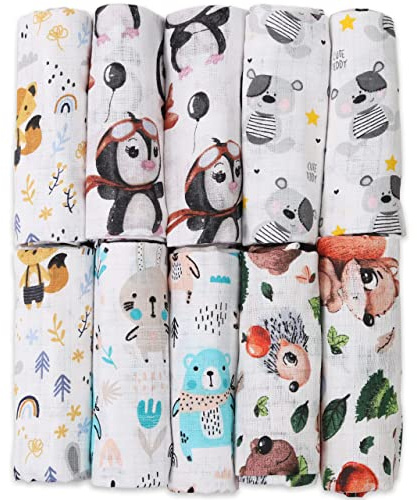 FENSILO Muslindukar - Muslinblöjor - 10-pack 70 x 80 cm - tygblöjor, tillverkad i EU, testad för skadliga ämnen - dregellappar, baby flicka, pojke, duk, vit med pingvin och ekorre