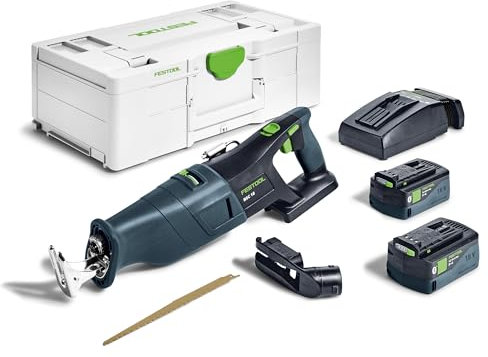 Festool – Akku-Säbelsäge RSC 18 5,0 EB-Plus inkl. Akkupacks BP 18 Li 5,0 + Schnellladegerät + Absaugvorrichtung + Säbelsägeblatt WOOD UNIVERSAL + Systainer SYS3 L 187