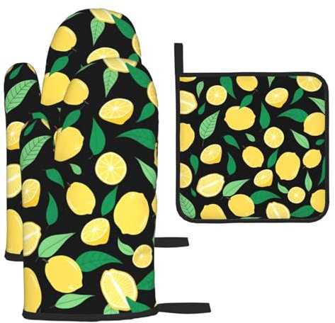 Set di 3 guanti anti-scottatura e presine al limone, per cucinare e grigliare, regalo di Natale per la festa della mamma