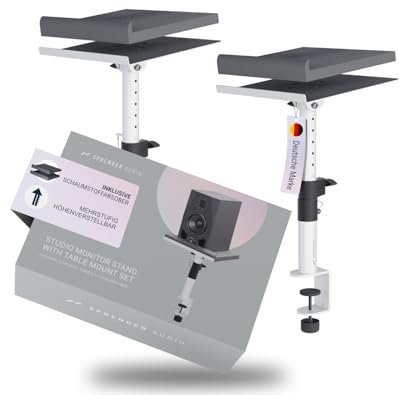 Sprenger Audio Lautsprecher Ständer mit Tischhalterung – Neigbar ±20°, bis 28 kg – Inkl. Schaumstoff-Absorber – Stabil & Robust – Für Studio, Schreibtisch & DJ-Setup - Weiß
