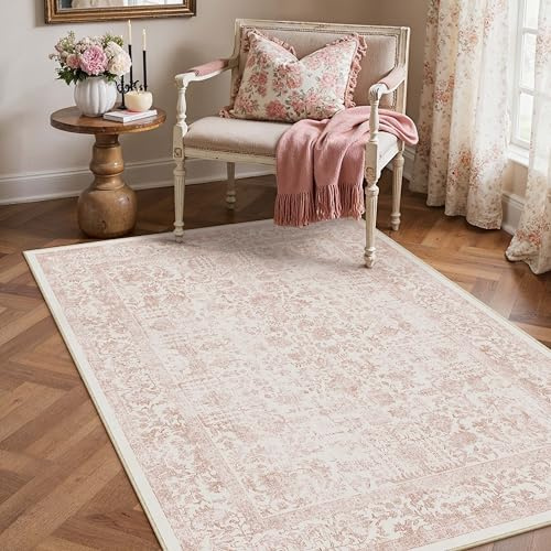 PureCozy Rosa Bereich Teppich 1,52x1,37 m Büro Eingangsbereich Teppich Maschinenwaschbar Küche Vintage Used-Look Rutschfester Teppich Innen Retro Blumendruck Akzentwurfteppich Türmatte für Badezimmer