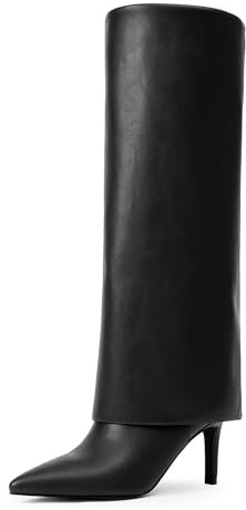 VIUGJNEX Black Boots Fold Over Knee High Boots Pointed Stiletto Heeled Tall Long Boots for Women Size 7.5