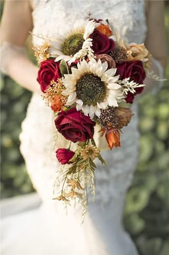 Hochzeit Bouquet ，Bridal Bouquet, 9 Zoll Sonnenblumen-Kunstblumen-Rosen-Brautstrauß, rustikaler Kaskaden-Wurfstrauß for Hochzeitszeremonie-Party-Kirchendekoration