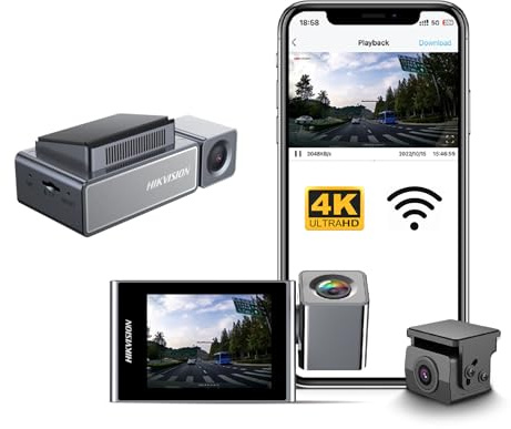 Hikvision C8Pro 4K Dash Camera with Full HD 1080p Rear Camera – Ultra HD Recording, Night Vision, Wi-Fi Connectivity, G-Sensor, ADAS, Voice Control, 2.45 IPS Display, Supports Up to 256GB.