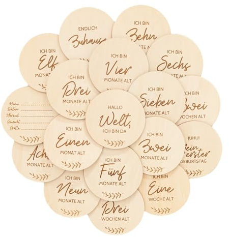 18 Meilensteine set aus edlem Holz. Geschenk zur Schwangerschaft zur Geburt/Babyparty für Schwangere, werdende Mütter/Eltern. Meilensteinkarten für Baby auf deutsch. Meilenstein Karten Milestone gift