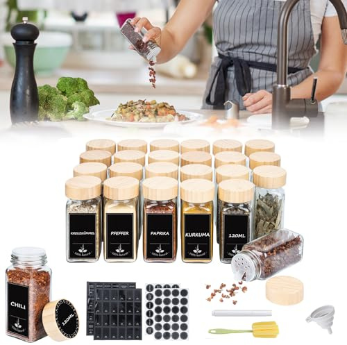 UISEBRT Lot de 12 pots à épices carrés I Ensemble de récipients à épices avec étiquettes I Bocaux à épices en verre I 120ML I Conservation hermétique des épices avec insert à saupoudrer, entonnoir