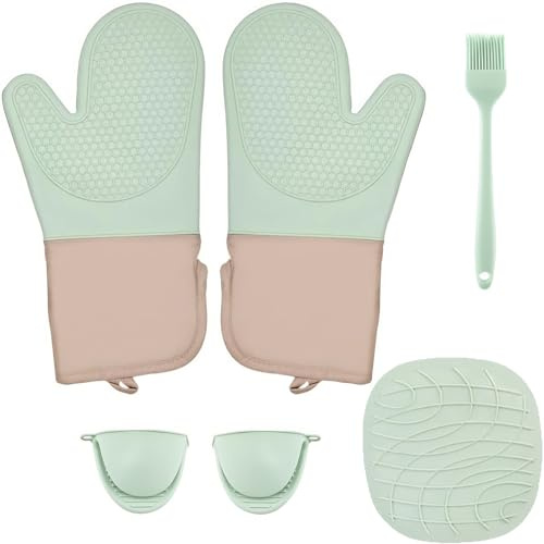 6 Pezzi Set Guanti Forno Cotone e Silicone, Guanto Forno Resistenti Calore, Presine Silicone Antiscivolo, Accessori Cucinare Professionale, Guanti Forno per Cucina, Cuocere, Grigliare (Verde Menta)