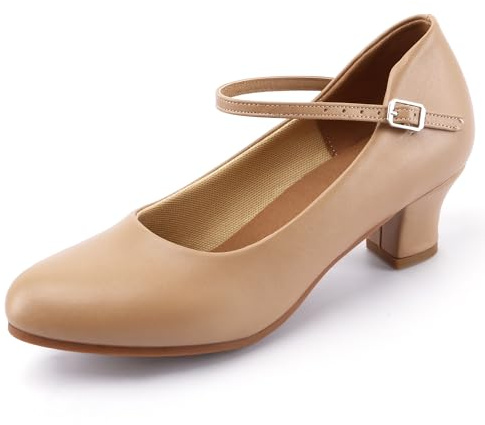 Linodes Economy PU Leather Ankle Strap Character Shoe 2'' Ballroom Dance Shoes Rubber Sole for Women-Brown-7.5M